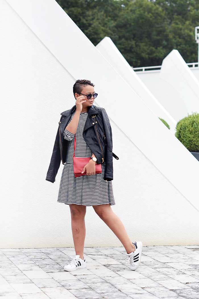 stripes all over / leather jacket / drop waist striped dress / red trio bag / adidas superstar sneakers - justlikesushi.com