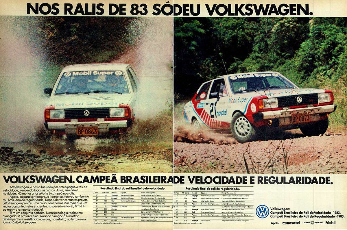 Nos ralis de 1983 só deu Volkswagen. Campeã Brasileira de Velocidade e Regularidade. Volkswagen. Campeã Brasileira do Rali de Velocidade. Campeã Brasileira do Rali de Regularidade.