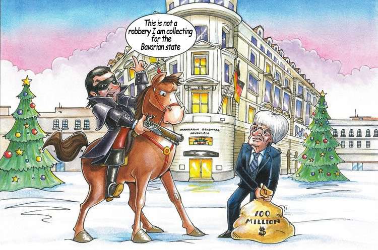 Bernie Ecclestone 2014 Christmas Card 'This is not a robbery, I am collecting for the Bavarian state.'