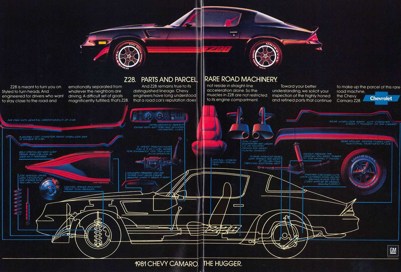 The 1981 Chevrolet Camaro Z28. Parts and parcel, rare road machinery. The hugger.