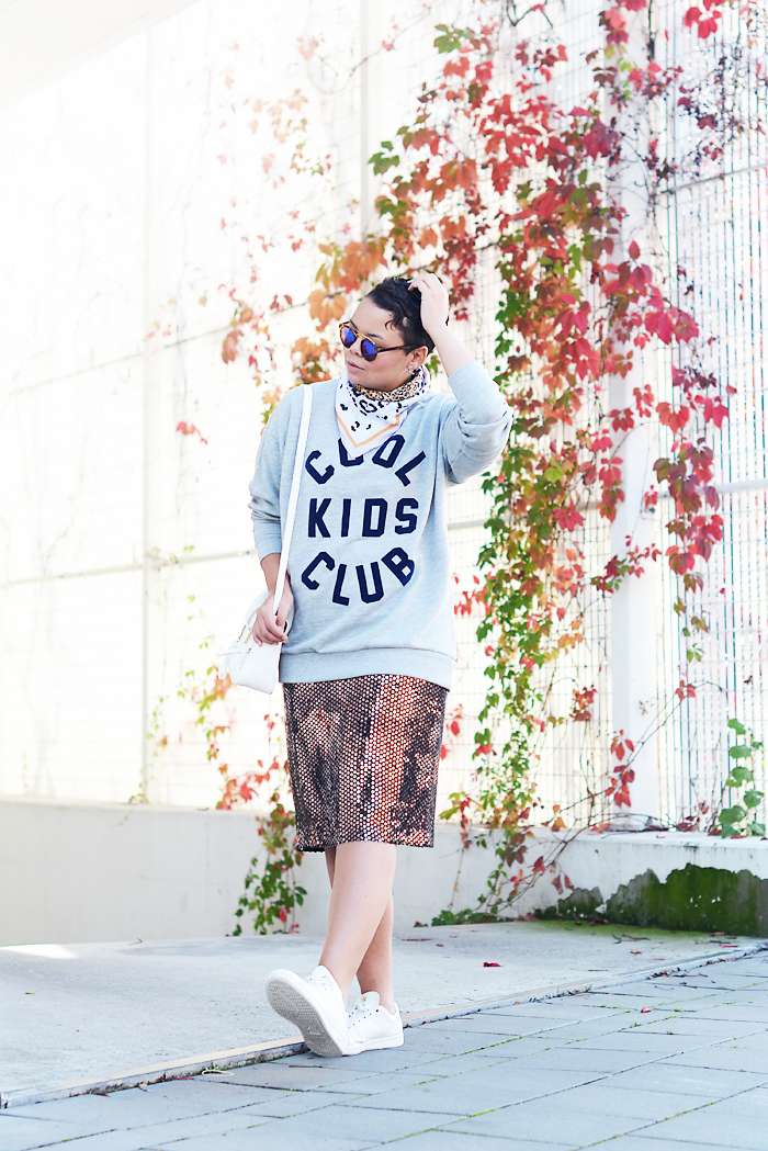 Cool Kids Club grey sweater, mirrored sunglasses, sequin skirt, stan smith sneakers - justlikesushi.com