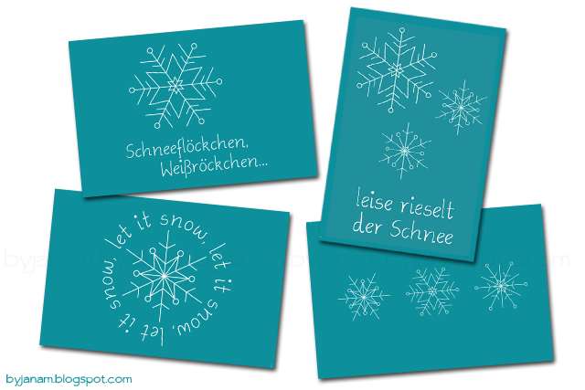 Postkarten mit Schneeflocken und Text