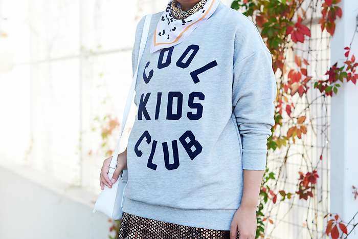 Cool Kids Club grey sweater, mirrored sunglasses, sequin skirt, stan smith sneakers - justlikesushi.com