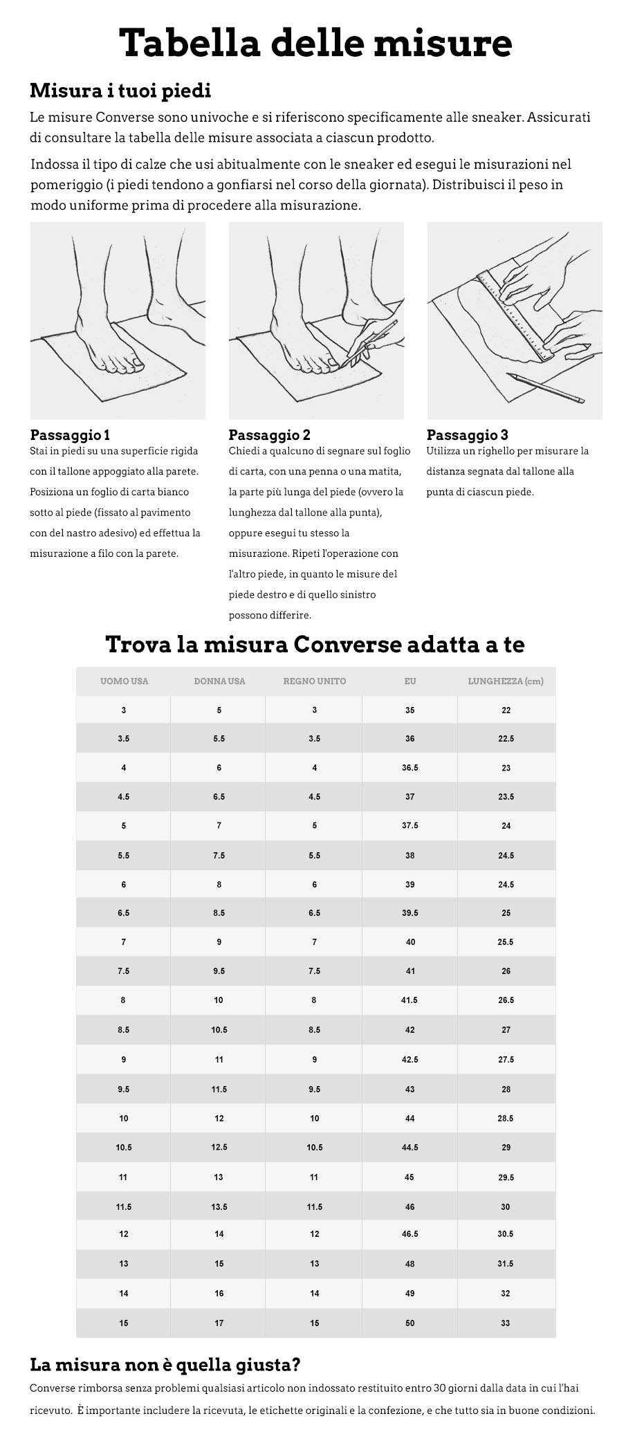 tabella misure converse