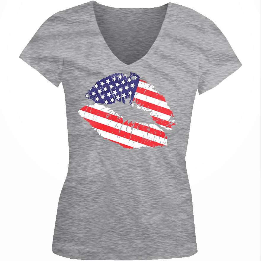 USA Flag Lips Love America Patriotic United States Stars Juniors V-neck T-shirt 