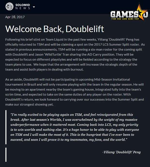 Thông báo đón chào sự trở lại của Doublelift trên trang chủ của TSM