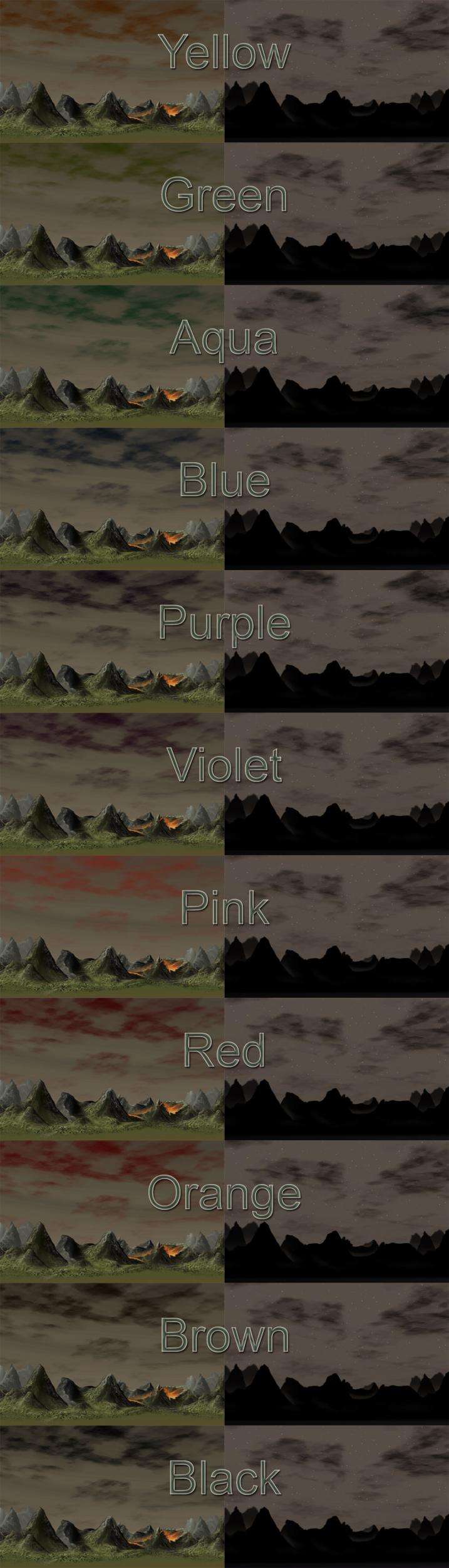 My Downloads - TexMod Packs: Gothic, Prehistoric, & Spooky Skies - Demo Screenshot Collage Displaying All Eleven Sky Colors, With the Day Skies on the Left Coupled With the Night Skies on the Right, Image 01