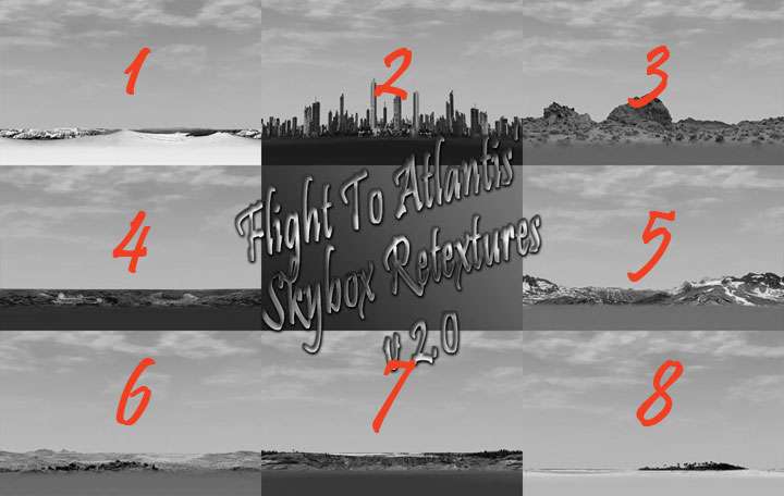 My Downloads - TexMod Packs: In-Game Skybox ReTextures - Black & White Screenshot Collage Showing the Previous Skyboxes, Enabling a Comparison Between the Previous Version and the Updated Version of This Pack, Image 02	