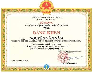 Bằng khen của Tổng Giám đốc - Phó chủ tịch Hội nghề cá Việt Nam Nguyễn Văn Năm 