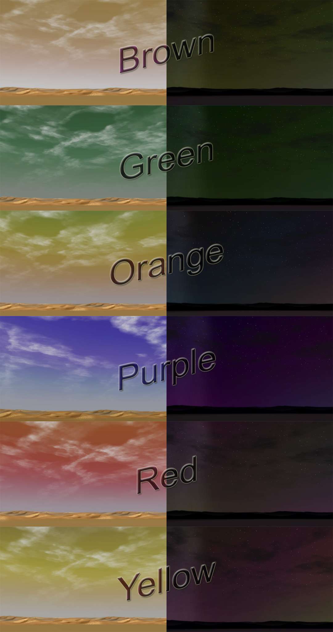 My Downloads - TexMod Packs: Outrageous TexMod Skies - Demo Screenshot Collage Displaying All Six Sky Colors, With the Day Skies on the Left Coupled With the Night Skies on the Right, Image 01