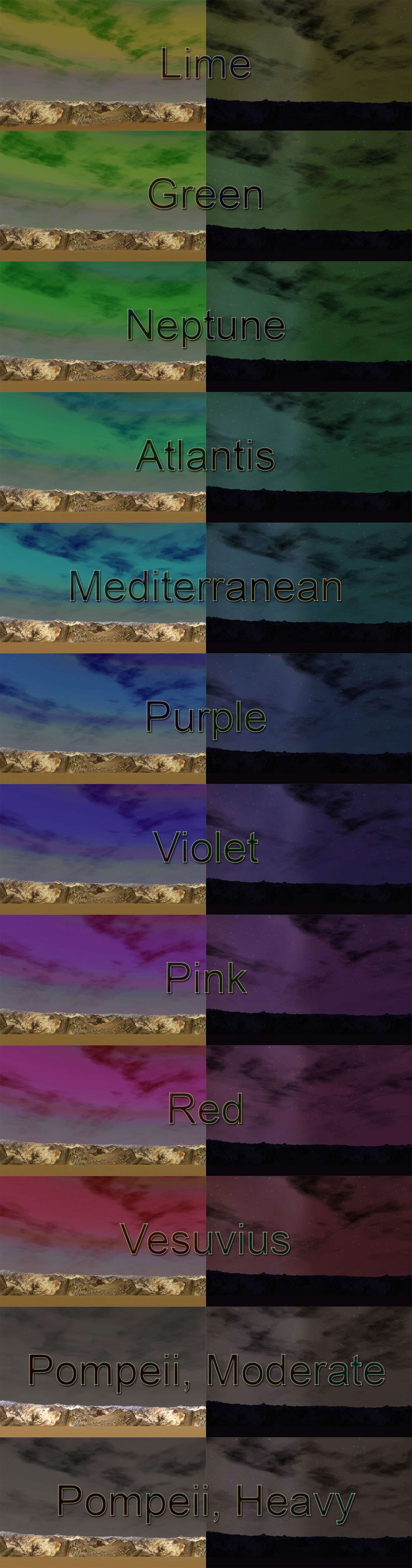 My Downloads - TexMod Packs: Turbulent and Volcanic Sky ReTextures - Demo Screenshot Collage Displaying All Twelve Sky Colors, With the Day Skies on the Left Coupled With the Night Skies on the Right, Image 01