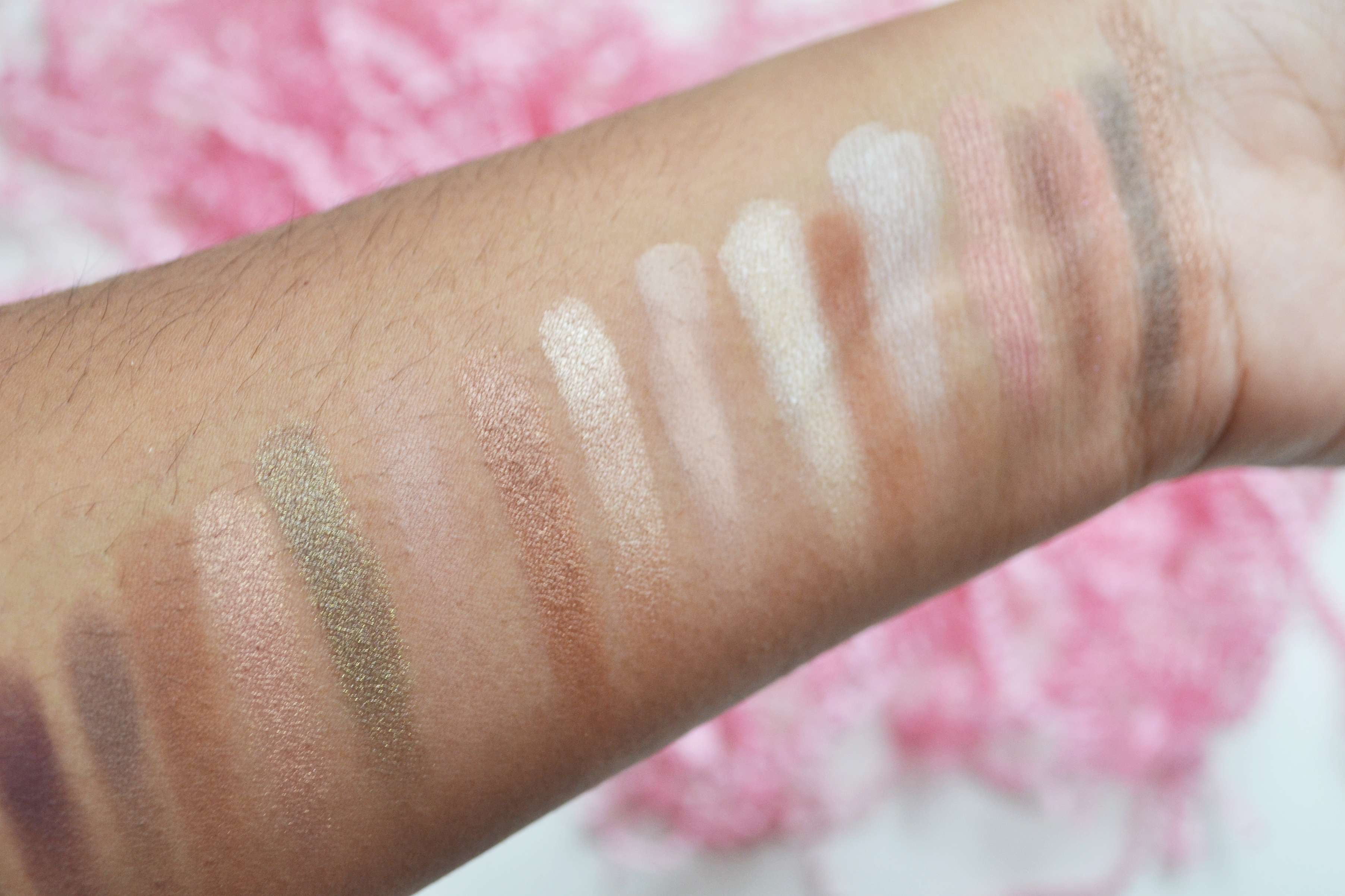 Too Faced Sweet Peach Palette swatches - tan skin