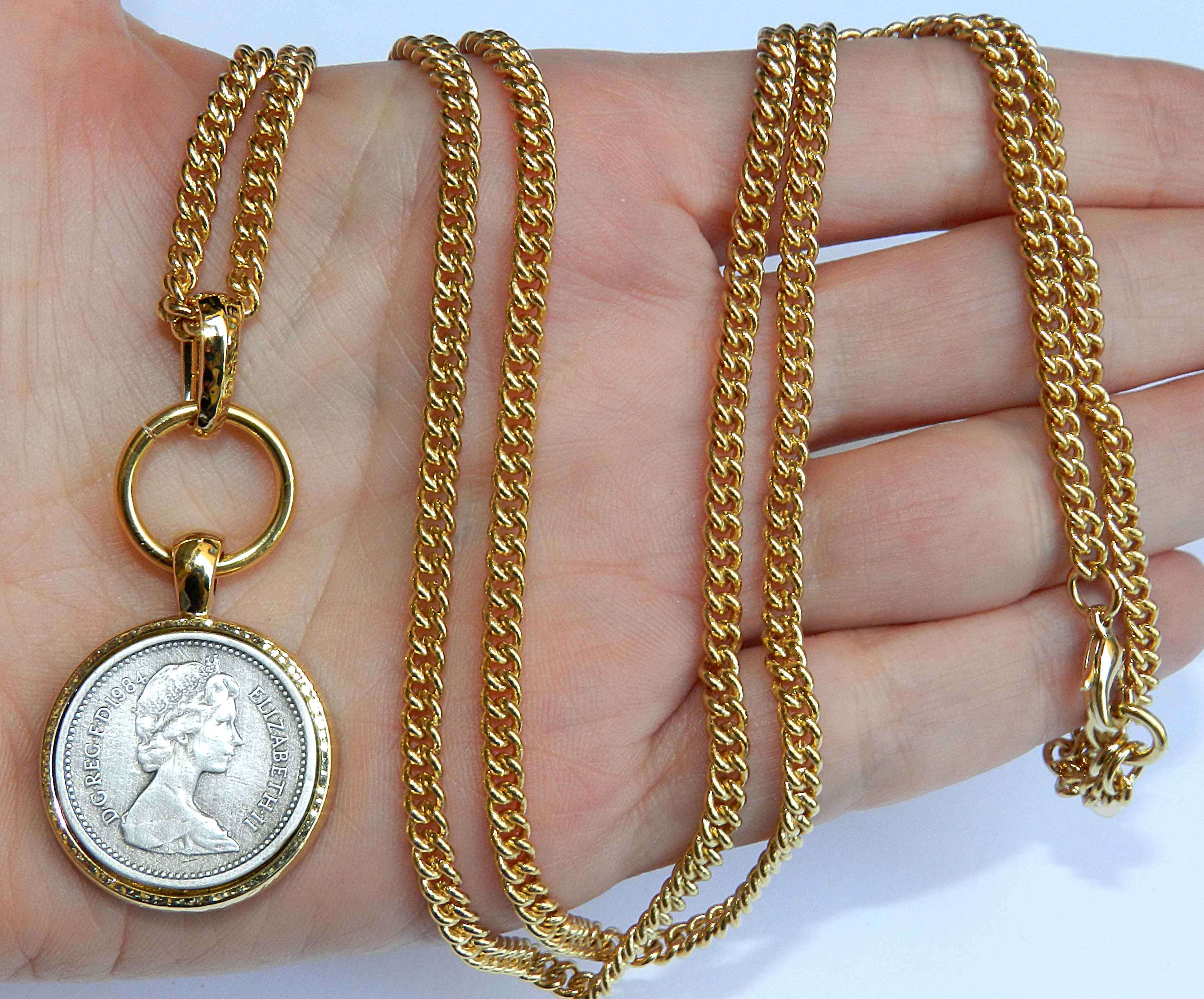 Long Gold 24K & Silver 925 Plated Necklace Antique Elizabeth II Coin ...