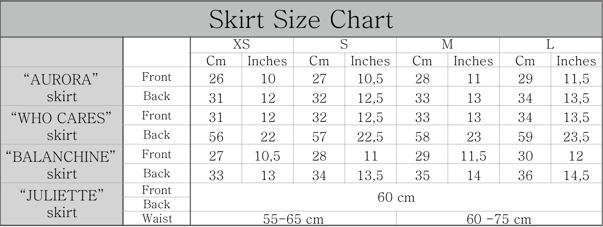 Skirt - Size Chart - PNG