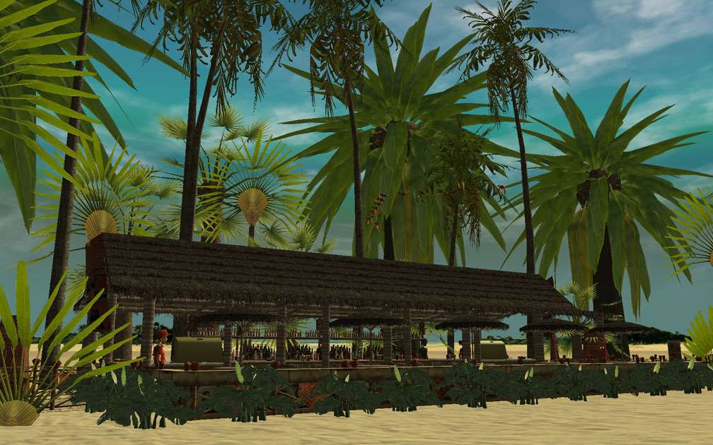 Showcase! Winter 2017 - Mr. Sion's Tiki Bar - Image 17: Assembled Tiki Bar, Distant View Surrounded With Palms