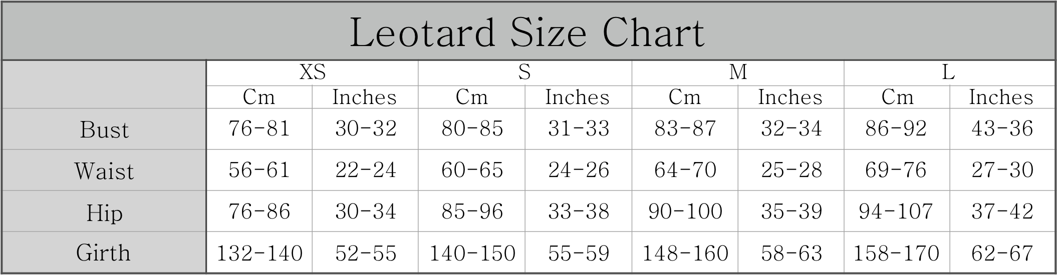 Leotard Size Chart - PNG
