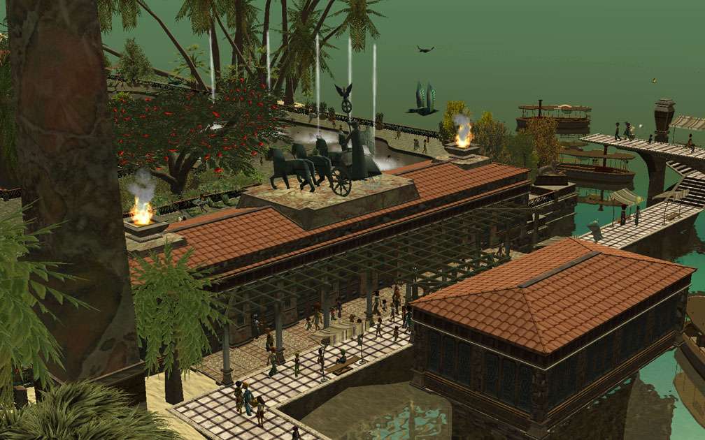 My Projects - CSO's I Have Imported, Landscaping and Park Grounds - Screenshot of Quadriga and Flaming Urns Atop Pool Changing Rooms/Pool Amenities Building, Distant View Including More Of Park Surroundings, Image 11