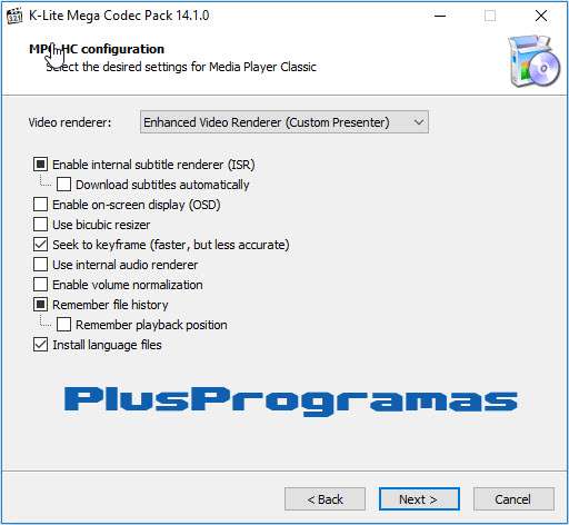 K lite instalación perferencias Media Player Clasic