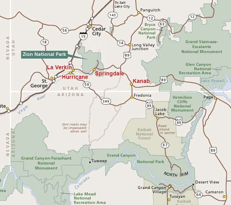 mapa región parque nacional zion