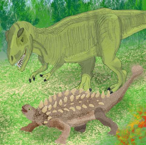 Ankylosaur whacks T-rex