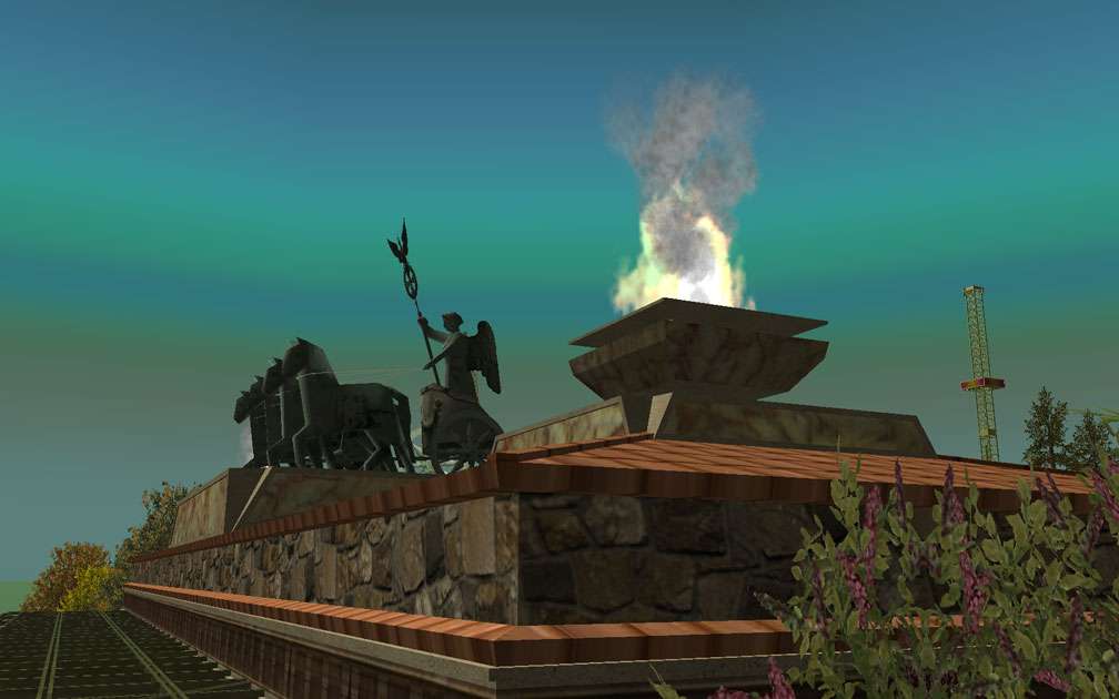 My Projects - CSO's I Have Imported, Landscaping and Park Grounds - Screenshot of Quadriga and Flaming Urns Atop Pool Changing Rooms/Pool Amenities Building, Close-Up, Image 10