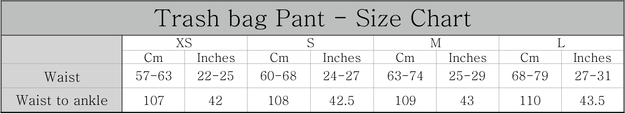 Trash bag Pant - Size Chart - PNG